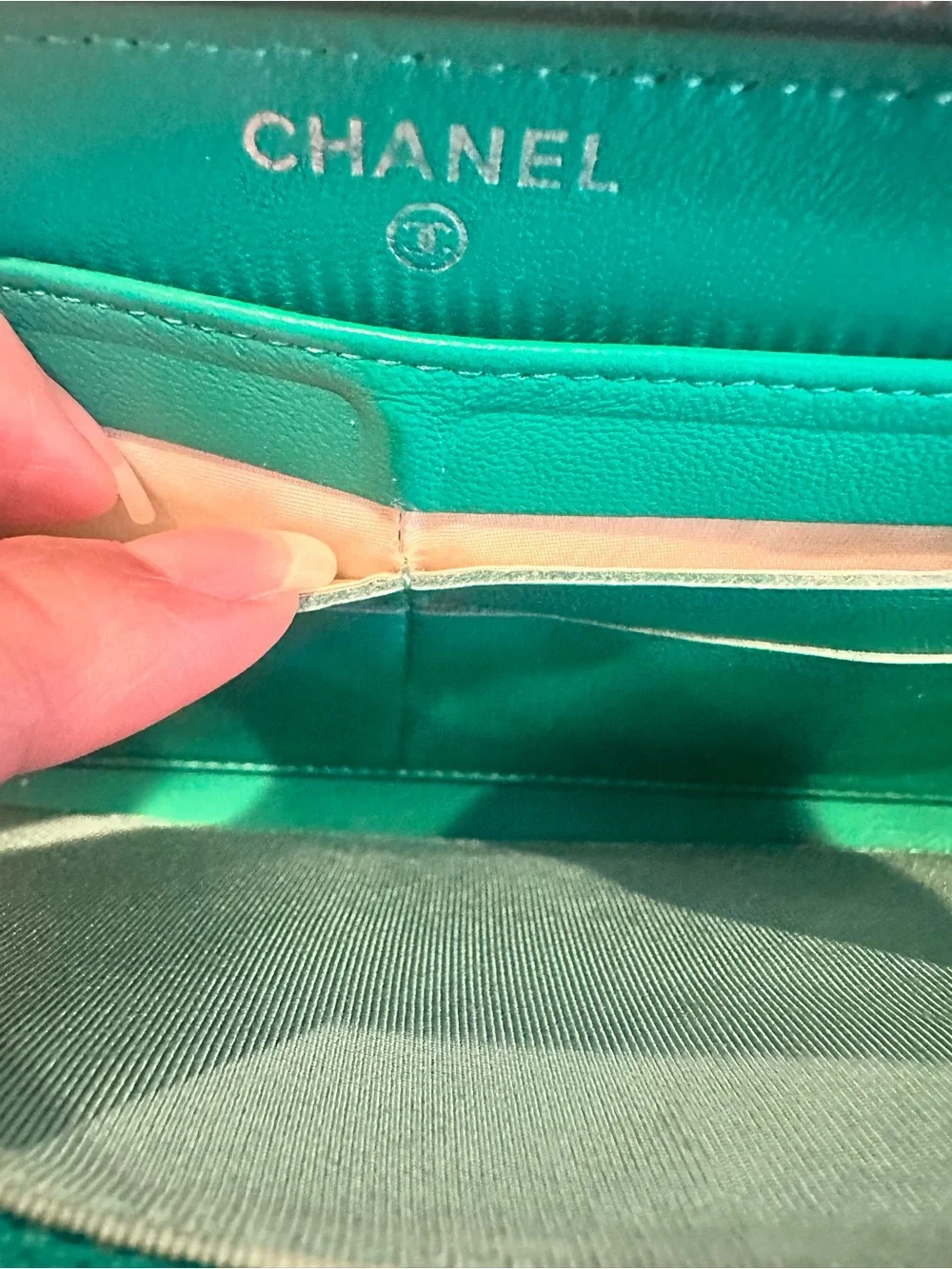 CHANEL Green Quilted Zip Wallet with Silver CC